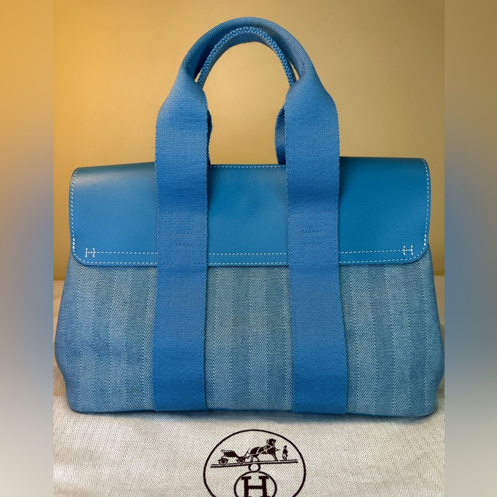 Hermes Valparaiso PM Bag Blue Chevron Canvas Blue Leather, Pouch, Dustbag COA - Picture 8 of 17